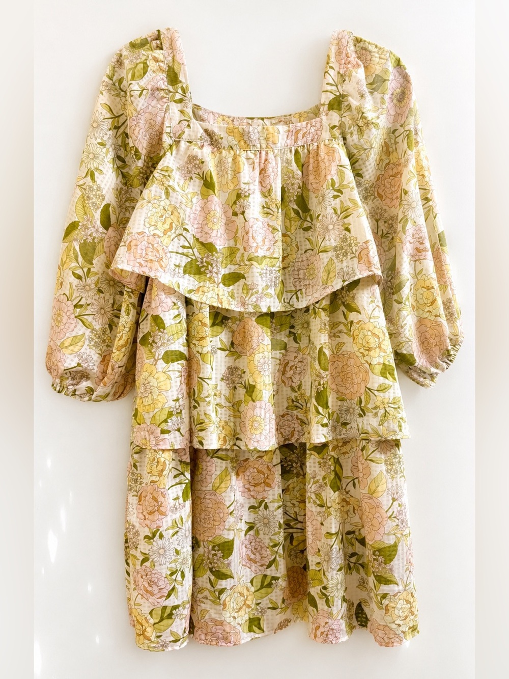 Who What Wear Babydoll Floral Tiered Ruffle Mini Dress Summer Yellow Size XS
